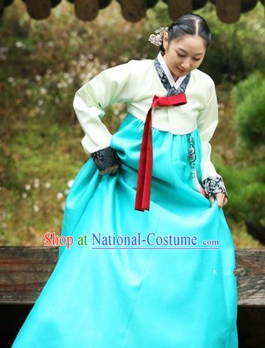 Top Grade Korean Traditional Palace Hanbok Beige Blouse and Blue Dress Fashion Apparel Bride Costumes for Women