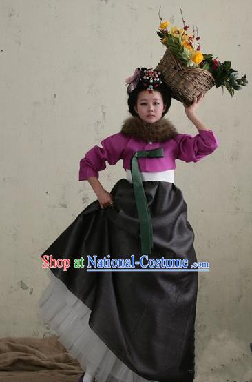 Top Grade Korean Palace Hanbok Traditional Purple Blouse and Black Dress Fashion Apparel Costumes for Women