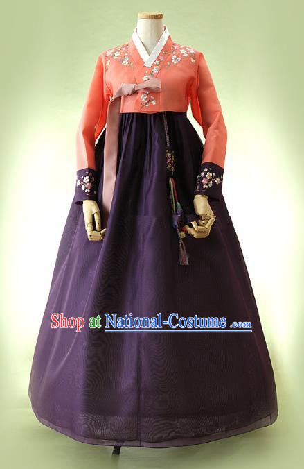 Top Grade Korean Hanbok Traditional Red Blouse and Purple Dress Fashion Apparel Costumes for Women