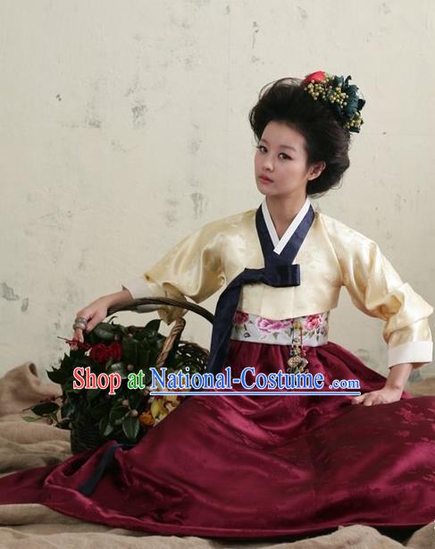 Top Grade Korean Hanbok Traditional Beige Blouse and Wine Red Dress Fashion Apparel Costumes for Women