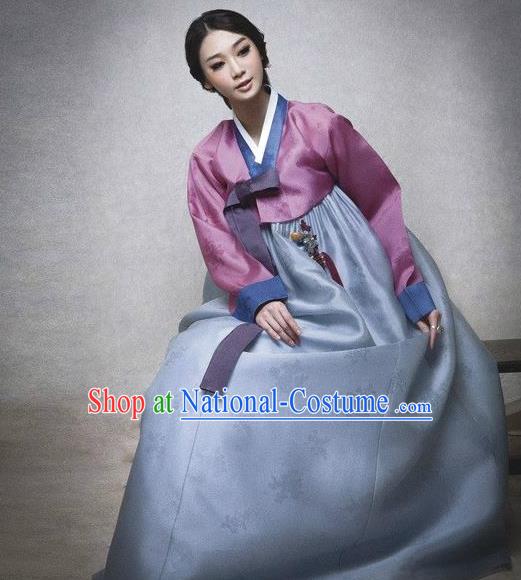 Top Grade Korean Hanbok Traditional Pink Blouse and Blue Dress Fashion Apparel Costumes for Women