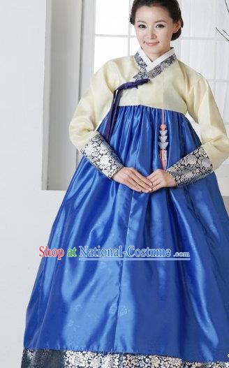 Top Grade Korean Traditional Hanbok Yellow Blouse and Blue Dress Fashion Apparel Costumes for Women