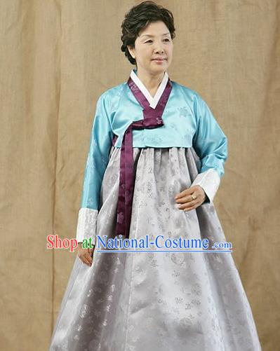 Top Grade Korean Traditional Hanbok Blue Blouse and Grey Dress Fashion Apparel Costumes for Women