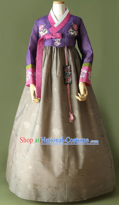 Top Grade Korean Traditional Hanbok Purple Blouse and Grey Dress Fashion Apparel Costumes for Women