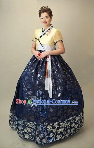 Top Grade Korean Traditional Hanbok Embroidered Yellow Blouse and Navy Dress Fashion Apparel Costumes for Women