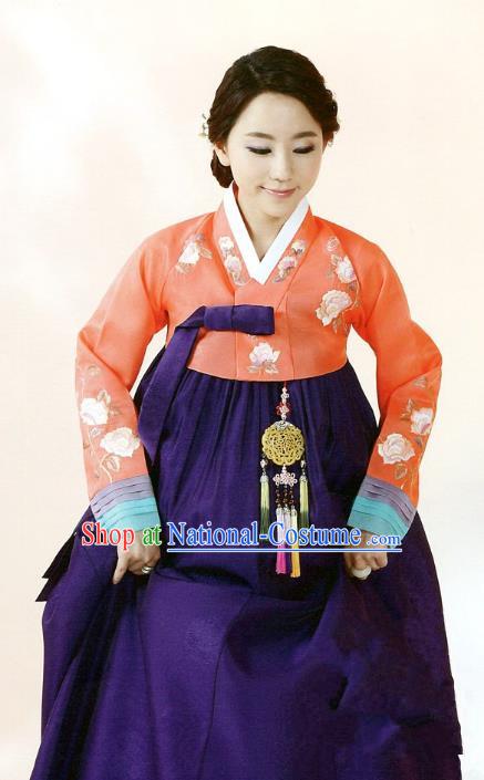 Top Grade Korean Traditional Hanbok Orange Blouse and Purple Dress Fashion Apparel Costumes for Women