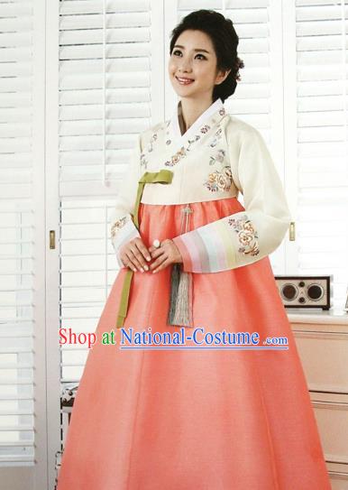 Top Grade Korean Traditional Hanbok Bride White Blouse and Orange Dress Fashion Apparel Costumes for Women