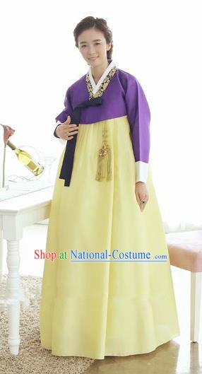 Top Grade Korean Hanbok Traditional Hostess Purple Blouse and Yellow Dress Fashion Apparel Costumes for Women