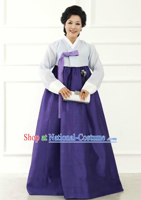 Top Grade Korean Hanbok Traditional Hostess Grey Blouse and Purple Dress Fashion Apparel Costumes for Women