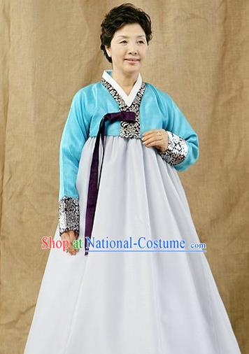 Top Grade Korean Hanbok Traditional Blue Blouse and White Dress Fashion Apparel Costumes for Women