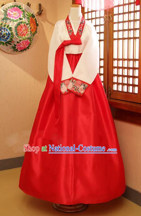 Top Grade Korean Traditional Palace Hanbok Ancient White Blouse and Red Dress Fashion Apparel Costumes for Women