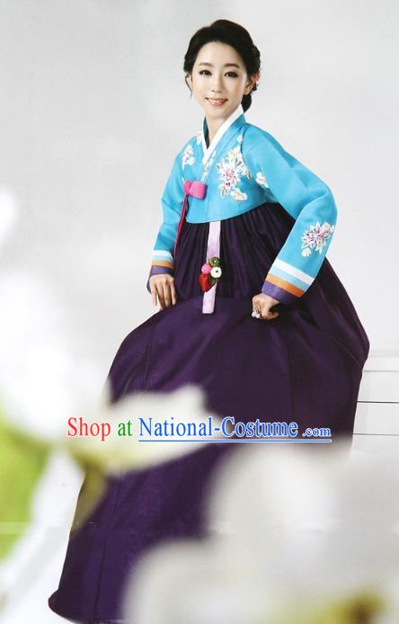 Top Grade Korean Hanbok Ancient Traditional Fashion Apparel Costumes Blue Blouse and Purple Dress for Women