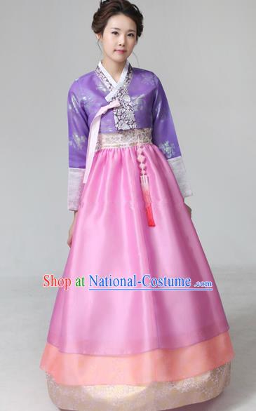 Top Grade Korean Hanbok Ancient Traditional Fashion Apparel Costumes Purple Blouse and Pink Dress for Women