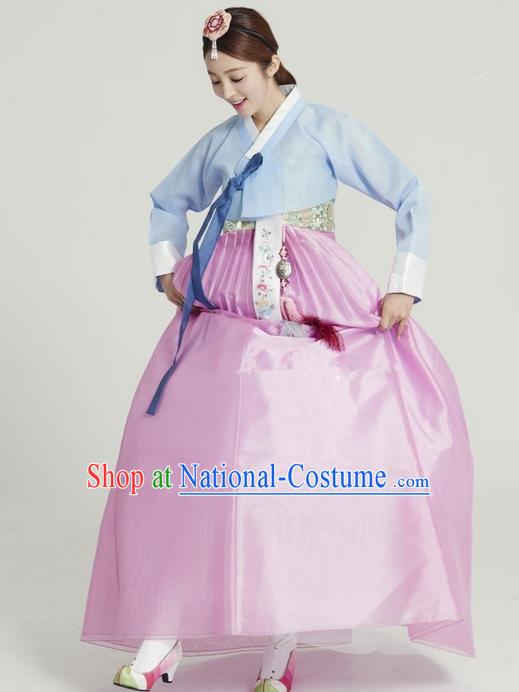 Top Grade Korean Hanbok Ancient Traditional Fashion Apparel Costumes Blue Blouse and Pink Dress for Women