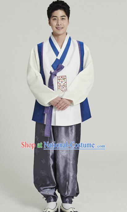 Asian Korean Traditional Costumes Ancient Korean Hanbok Bridegroom White Vest and Grey Pants for Men