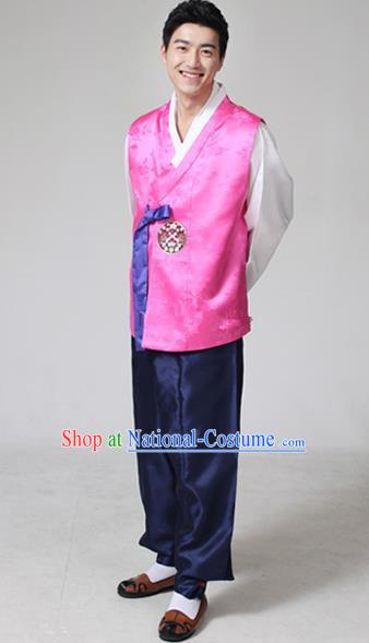 Asian Korean Traditional Costumes Ancient Korean Hanbok Bridegroom Rosy Vest and Navy Pants for Men