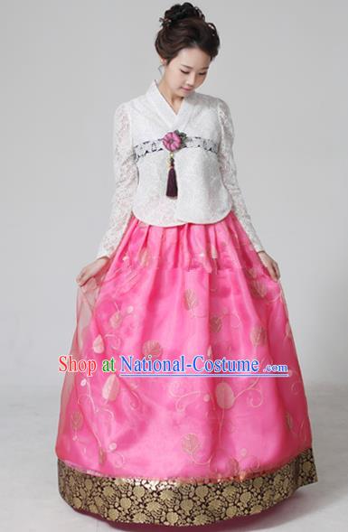 Top Grade Korean Hanbok Ancient Traditional Fashion Apparel Costumes White Lace Blouse and Pink Dress for Women