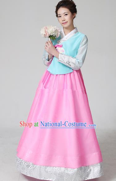 Top Grade Korean Hanbok Ancient Traditional Fashion Apparel Costumes Blue Blouse and Pink Dress for Women