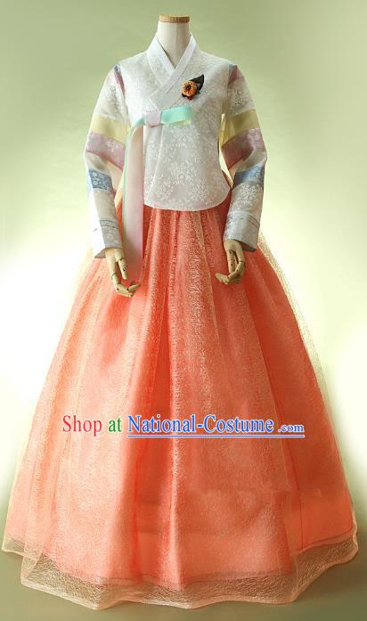 Top Grade Korean Hanbok Ancient Traditional Fashion Apparel Costumes White Lace Blouse and Orange Dress for Women