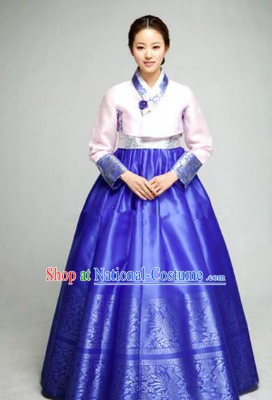 Top Grade Korean Hanbok Ancient Traditional Fashion Apparel Costumes Pink Blouse and Blue Dress for Women