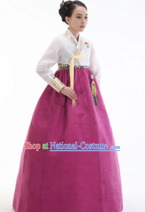 Top Grade Korean Hanbok White Blouse and Purple Dress Ancient Traditional Fashion Apparel Costumes for Women