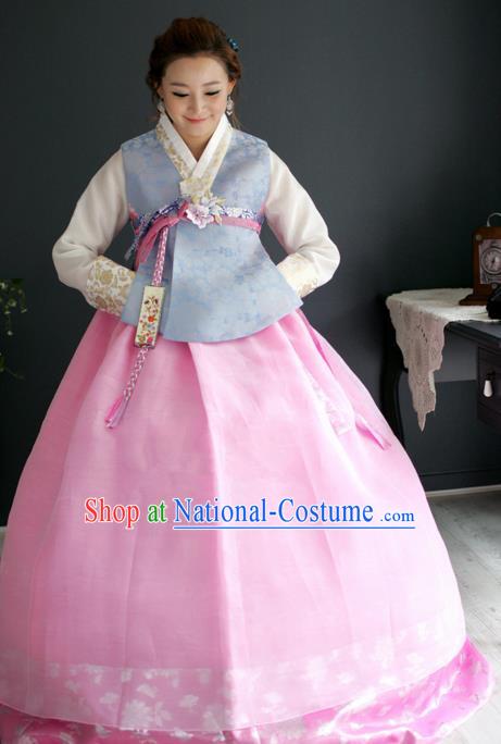 Korean Traditional Hanbok Blue Blouse and Pink Dress Ancient Fashion Apparel Costumes for Women