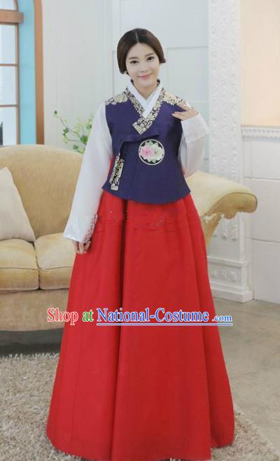 Korean Traditional Hanbok Bride Purple Blouse and Red Dress Ancient Formal Occasions Fashion Apparel Costumes for Women