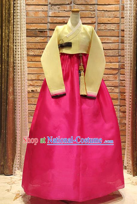 Korean Traditional Hanbok Bride Yellow Blouse and Rosy Dress Ancient Formal Occasions Fashion Apparel Costumes for Women