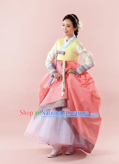 Korean Traditional Bride Hanbok Yellow Blouse and Orange Dress Ancient Formal Occasions Fashion Apparel Costumes for Women