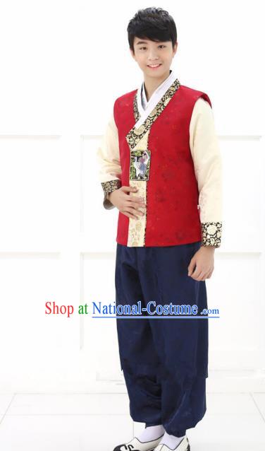 Traditional Korean Costumes Ancient Korean Bridegroom Hanbok Red Vest and Navy Pants for Men