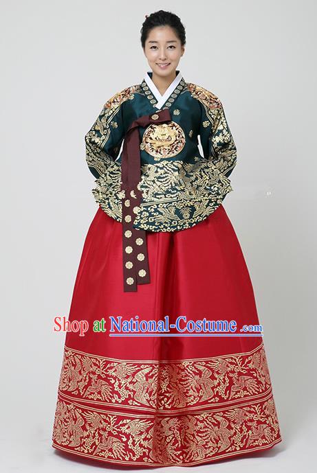 Korean Traditional Bride Hanbok Formal Occasions Peacock Green Blouse and Red Dress Ancient Fashion Apparel Costumes for Women