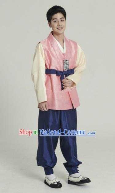 Traditional Korean Costumes Ancient Korean Bridegroom Hanbok Pink Vest and Navy Pants for Men