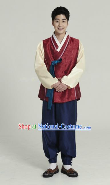 Traditional Korean Costumes Ancient Palace Korean Bridegroom Hanbok Wine Red Vest and Navy Pants for Men