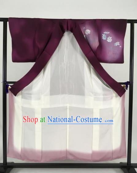 Japan Traditional Kimonos Geisha Purple Furisode Kimono Ancient Yukata Dress Formal Costume for Women