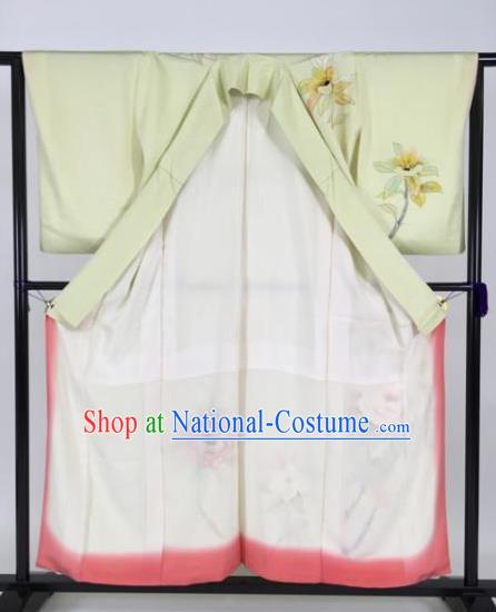 Japan Traditional Kimonos Geisha Light Green Furisode Kimono Ancient Yukata Dress Formal Costume for Women