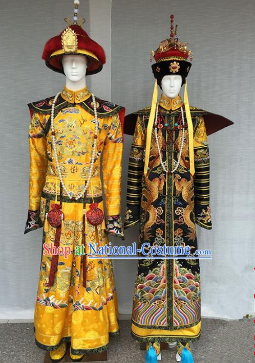 Chinese Qing Dynasty Manchu Emperor and Empress Embroidered Costume Complete Set