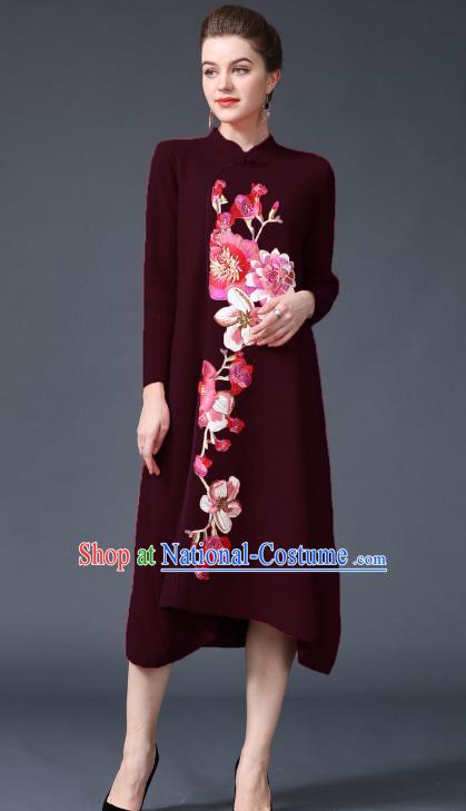 Chinese National Costume Embroidered Peony Wine Red Cheongsam Qipao Dress for Women