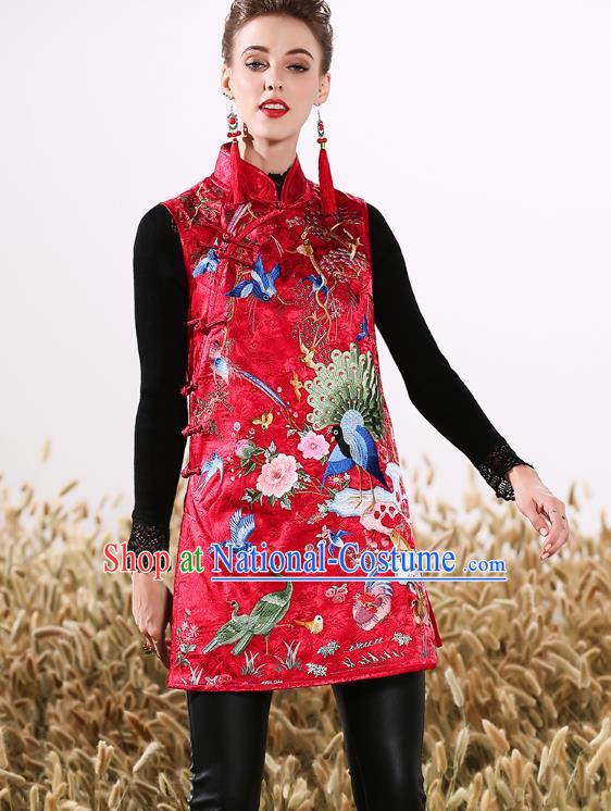 Chinese National Costume Traditional Embroidered Red Vests Waistcoat for Women