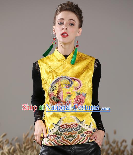 Chinese National Costume Traditional Embroidered Phoenix Peony Yellow Vests Waistcoat for Women