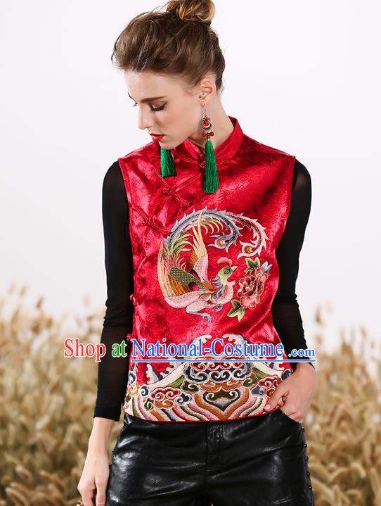 Chinese National Costume Traditional Embroidered Phoenix Peony Red Vests Waistcoat for Women