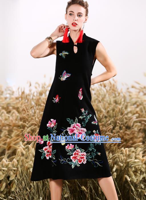 Chinese National Costume Embroidered Peony Butterfly Black Qipao Dress Cheongsam for Women