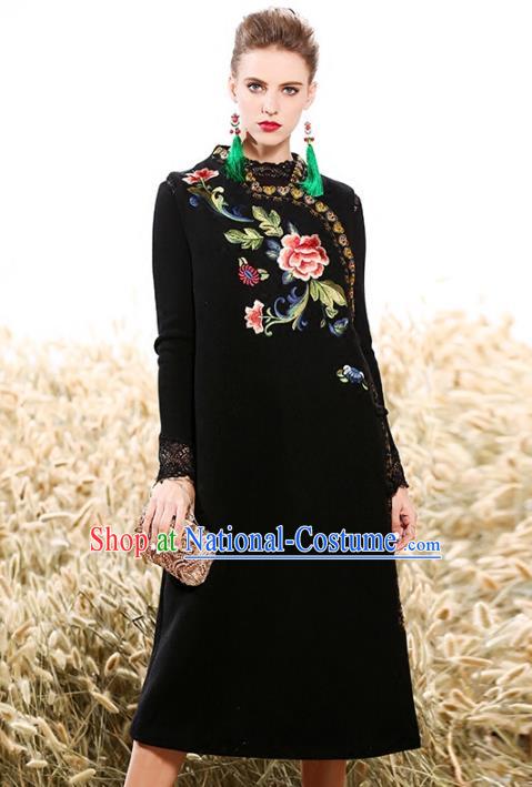 Chinese National Costume Traditional Embroidered Vests Dress Black Cheongsam for Women