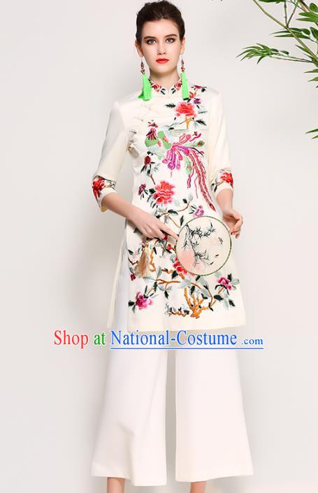 Chinese National Costume Embroidered Phoenix Peony White Qipao Dress Cheongsam for Women