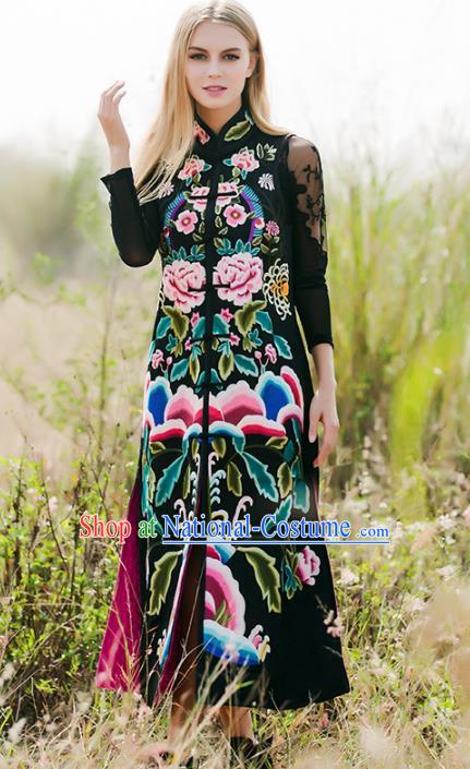 Chinese National Costume Traditional Embroidered Peony Black Vest Coat for Women