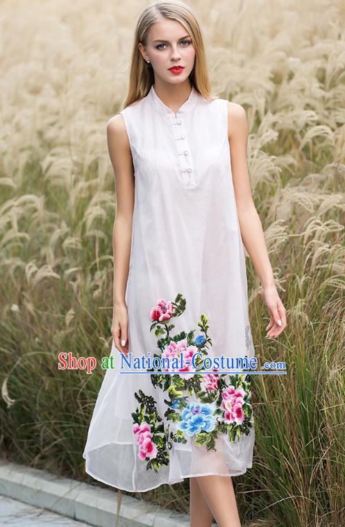 Chinese National Costume White Silk Cheongsam Embroidered Peony Qipao Dress for Women