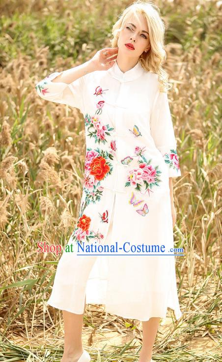 Chinese National Costume White Cardigan Cheongsam Embroidered Peony Qipao Dress for Women