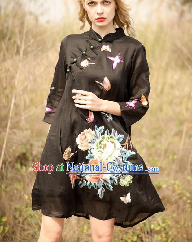 Chinese National Costume Black Cheongsam Embroidered Peony Butterfly Qipao Dress for Women