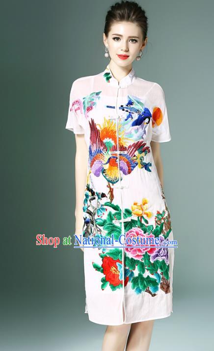 Chinese National Costume White Embroidered Peony Cheongsam Qipao Dress for Women