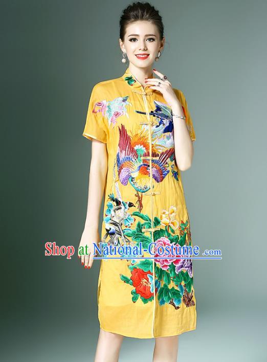 Chinese National Costume Yellow Embroidered Peony Cheongsam Qipao Dress for Women