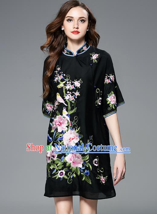 Chinese National Costume Embroidered Peony Cheongsam Black Qipao Dress for Women